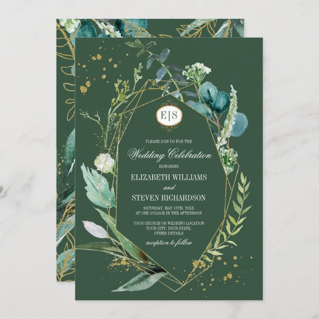 Wild Meadow | Green Botanical Geometric Wedding Invitation (Front/Back)