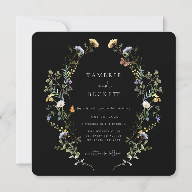Wild Meadow Wreath Black Wedding Invitation (Front)