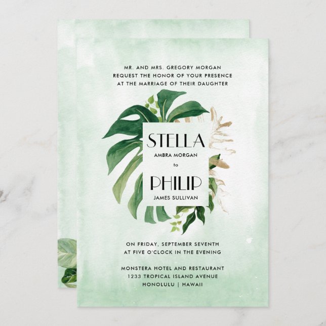 Wild  monstera tropical gold leaves formal wedding invitation (Front/Back)