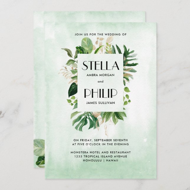 Wild  monstera tropical gold leaves wedding invitation (Front/Back)