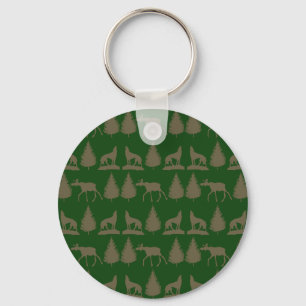 Wild Moose Wolves Pine Trees Rustic Tan Green Key Ring