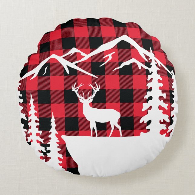 Wild Mountain Scene Buffalo Check Round Pillow (Front)