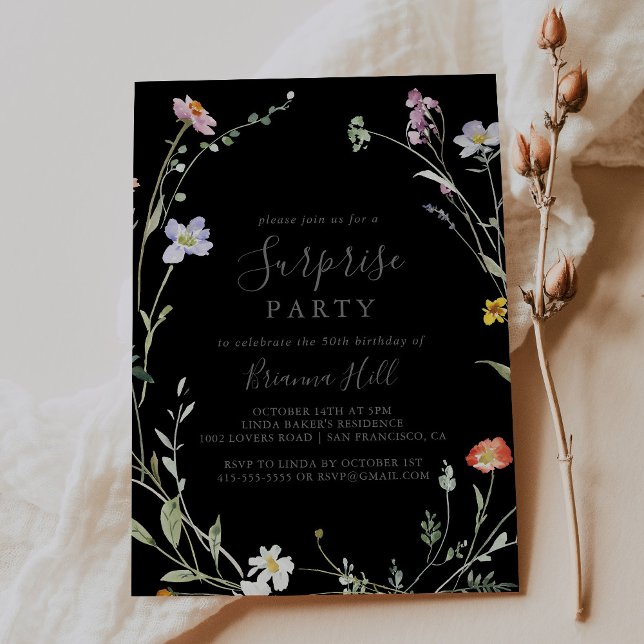 Wild Multicolor Floral Black Surprise Party Invitation (Creator Uploaded)