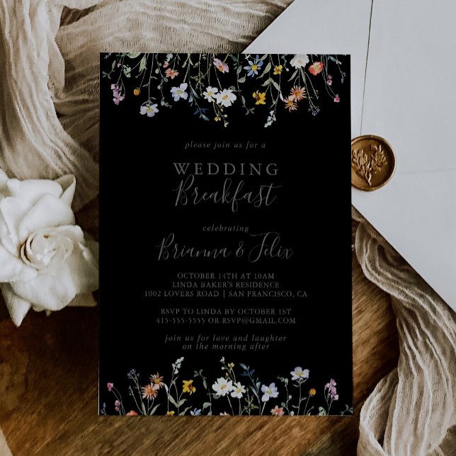  Wild Multicolor Floral Black Wedding Breakfast Invitation (Creator Uploaded)