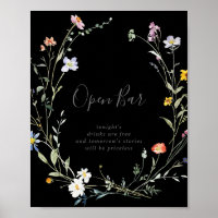 Wild Multicolor Floral Black Wedding Open Bar Sign