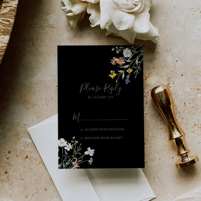Wild Multicolor Floral Black Wedding RSVP Card (Creator Uploaded)
