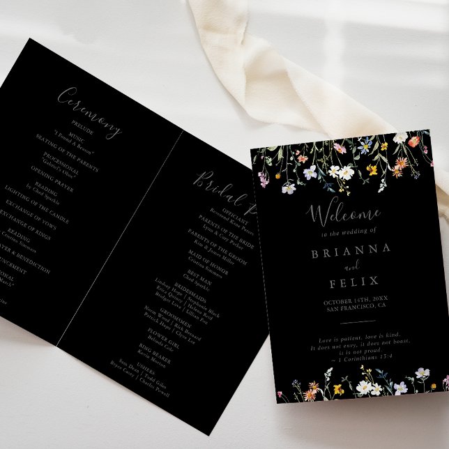 Wild Multicolor Floral Folded Black Wedding Programme (Creator Uploaded)