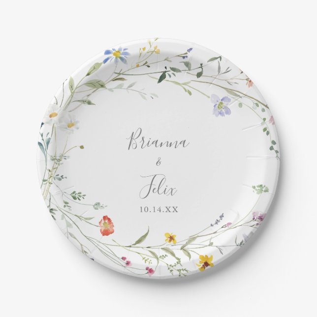 Wild Multicolor Floral Wedding Cake Paper Plate (Front)