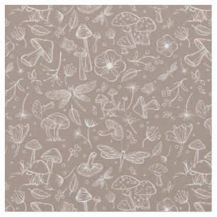 Wild Mushroom Botanical Print Fabric in Taupe