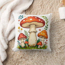 Wild mushrooms and flowers in grass forest nature