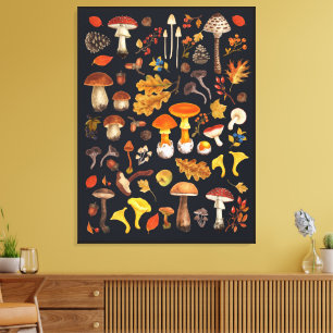 Wild mushrooms on black canvas print