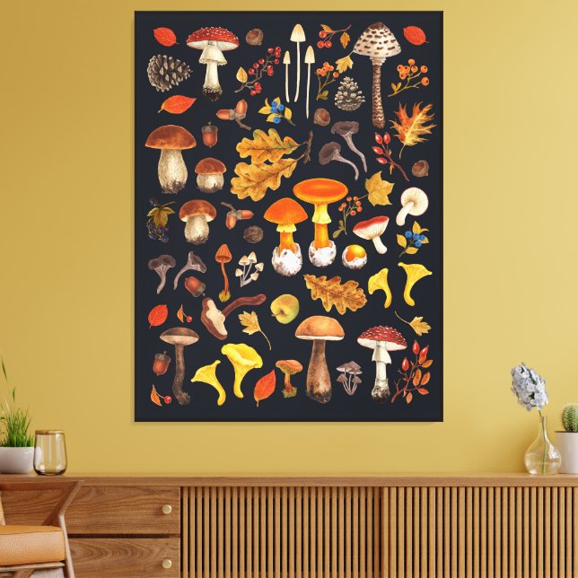 Wild mushrooms on black canvas print (Insitu(LivingRoom))