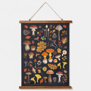 Wild mushrooms on black hanging tapestry