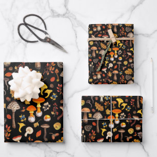 Wild mushrooms on black wrapping paper sheet
