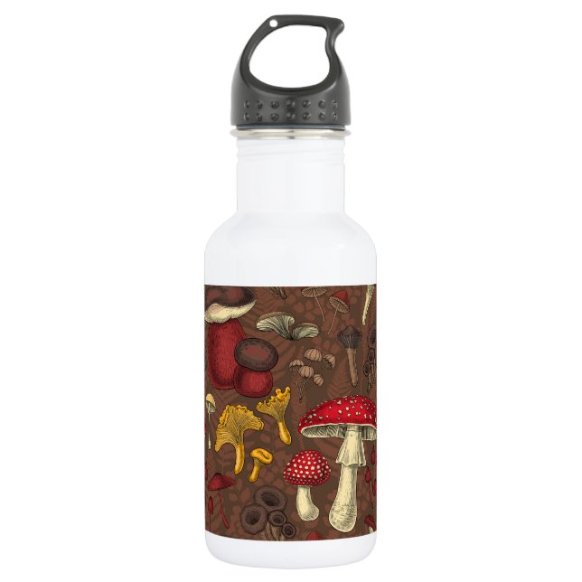 Wild mushrooms on brown 532 ml water bottle (Front)