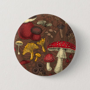 Wild mushrooms on brown 6 cm round badge