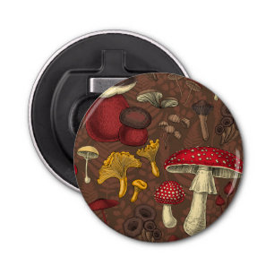 Wild mushrooms on brown bottle opener