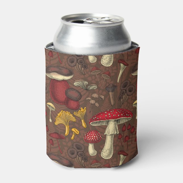 Wild mushrooms on brown can cooler (Can Front)