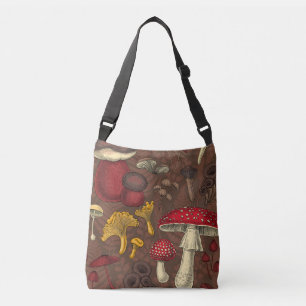 Wild mushrooms on brown crossbody bag