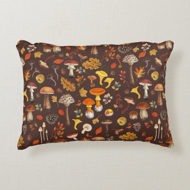 Wild mushrooms on brown decorative cushion (Front)