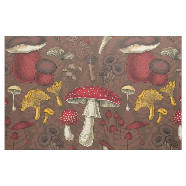Wild mushrooms on brown fabric (Fat Quarter)