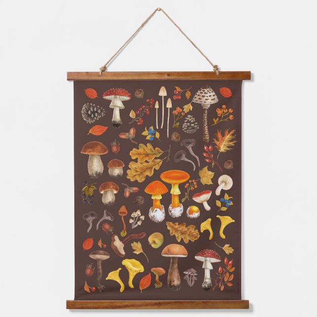 Wild mushrooms on brown hanging tapestry (Front)
