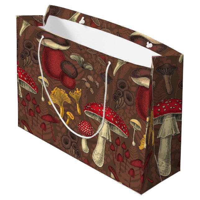 Wild mushrooms on brown large gift bag (Back Angled)