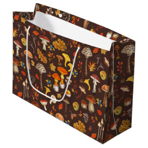Wild mushrooms on brown large gift bag