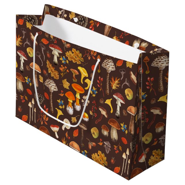 Wild mushrooms on brown large gift bag (Front Angled)