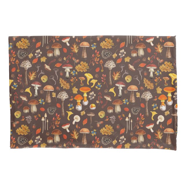 Wild mushrooms on brown pillowcase (Front-Left)
