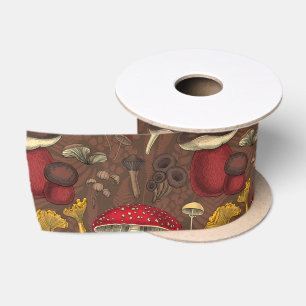 Wild mushrooms on brown satin ribbon
