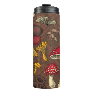Wild mushrooms on brown thermal tumbler