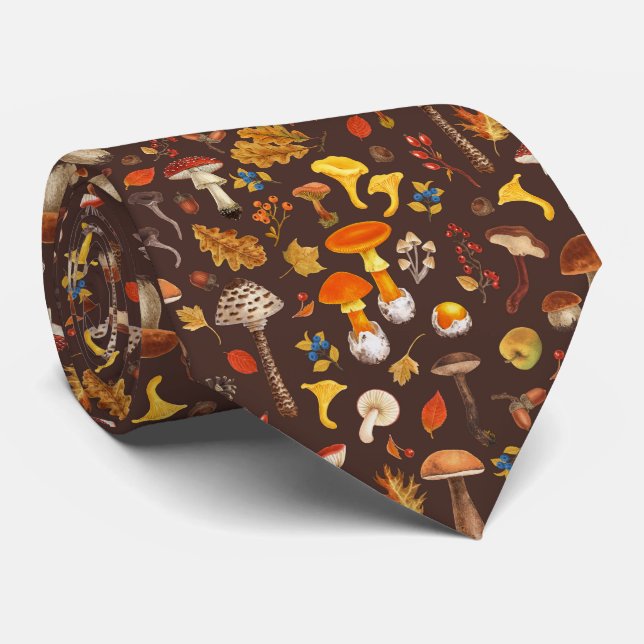 Wild mushrooms on brown tie (Rolled)