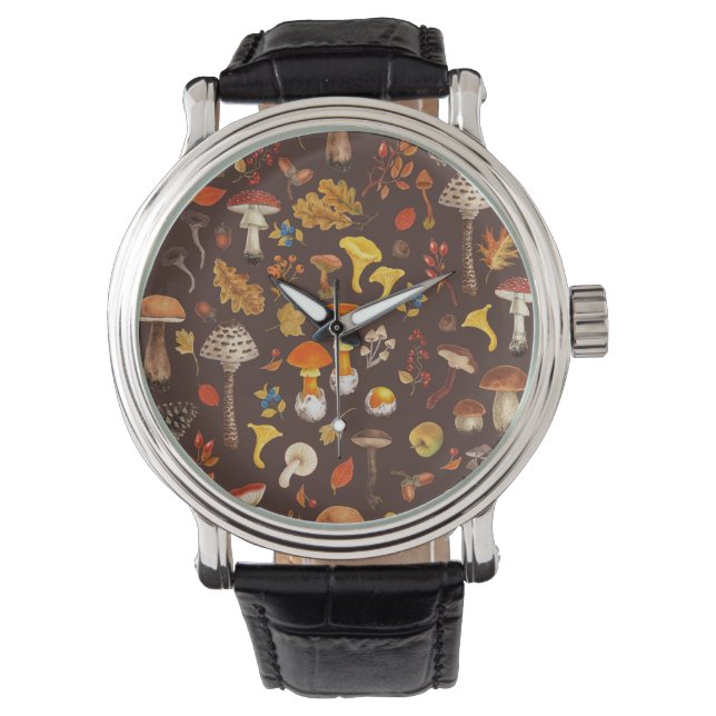 Wild mushrooms on brown watch (Front)