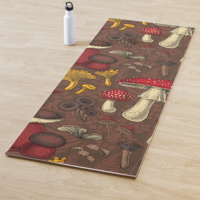 Wild mushrooms on brown yoga mat (In Situ)