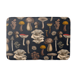 Wild Mushrooms on graphite black Bath Mat