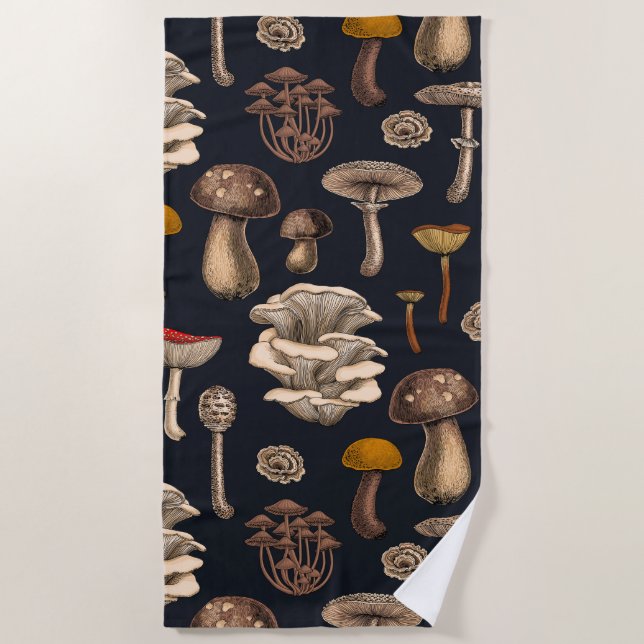 Wild Mushrooms  on graphite black Beach Towel (Front)