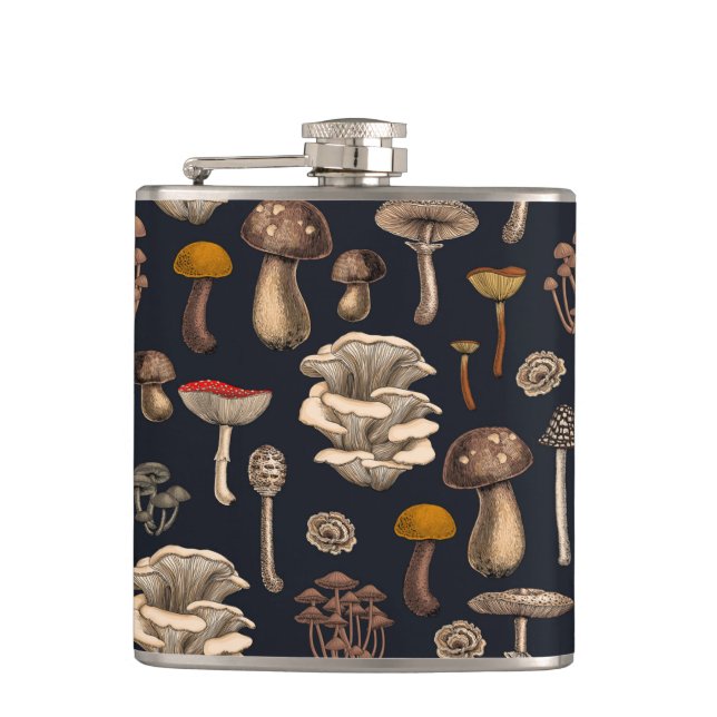 Wild Mushrooms  on graphite black Hip Flask (Front)