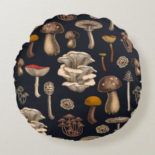 Wild Mushrooms  on graphite black Round Cushion