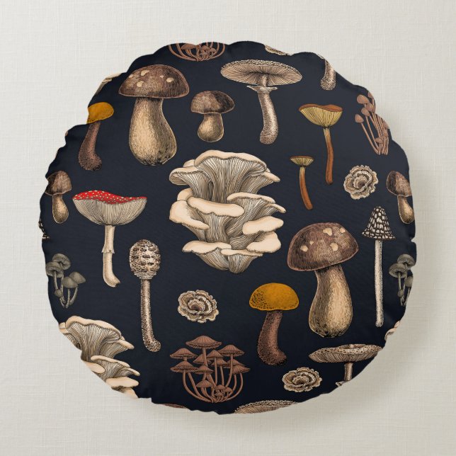 Wild Mushrooms  on graphite black Round Cushion (Front)