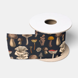 Wild Mushrooms  on graphite black Satin Ribbon
