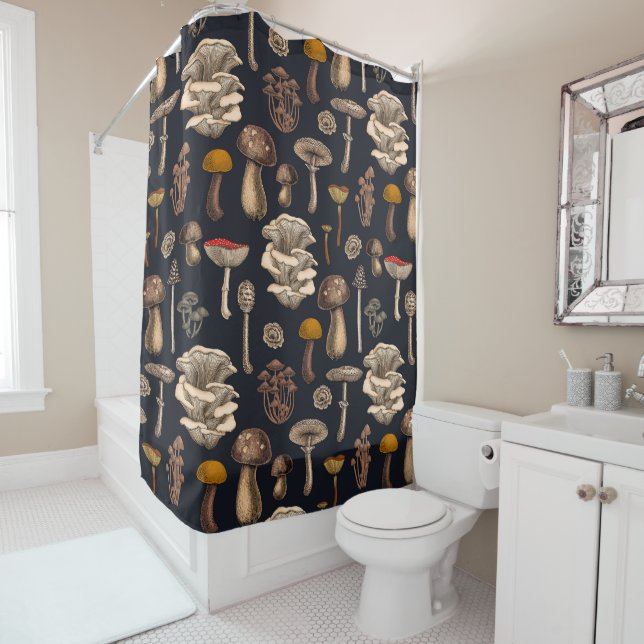 Wild Mushrooms  on graphite black Shower Curtain (In Situ)