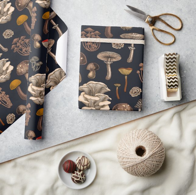 Wild Mushrooms  on graphite black Wrapping Paper (Crafts)