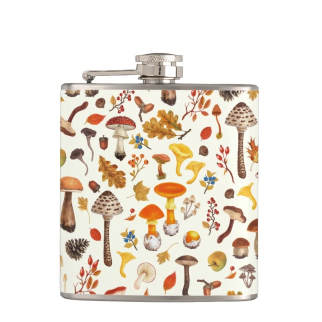 Wild mushrooms on off white hip flask (Front)