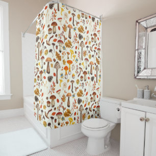 Wild mushrooms on off white shower curtain
