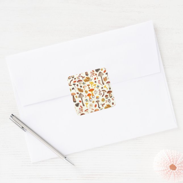 Wild mushrooms on off white square sticker (Envelope)