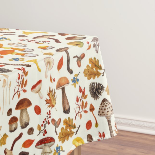 Wild mushrooms on off white tablecloth (In Situ)