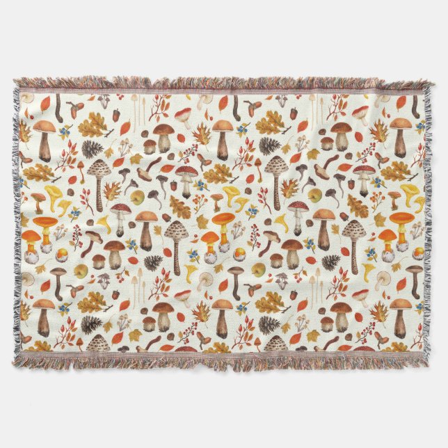 Wild mushrooms on off white throw blanket (Front)