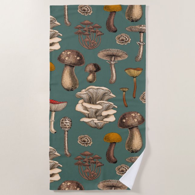 Wild Mushrooms  on pine green Beach Towel (Front)