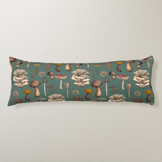 Wild Mushrooms  on pine green Body Cushion (Front)